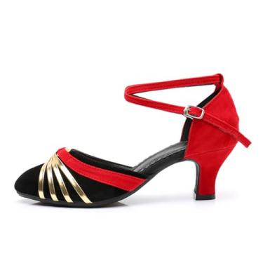 Imagem de Sandália feminina com tira no tornozelo sapatos de dança latina bico fechado sandália salto noturno, Ouro vermelho, 5.5