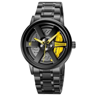Imagem de Relógio de pulso masculino criativo 3D giratório com roda de carro, design de cubo de aro, moderno, quartzo, elegante, com pulseira de aço inoxidável, presentes para entusiastas de carros, Amarelo U