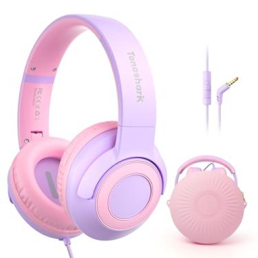 Imagem de Fones de ouvido infantis com fio com microfone, volume limitado a 85/94dB, fone de ouvido para meninos e meninas, fone de ouvido dobrável de 3,5 mm para escola e viagens, inclui capa portátil (roxo)