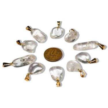 Imagem de 03 Pingente Pedrinha Quartzo Cristal Rolado Dourado - Varejo