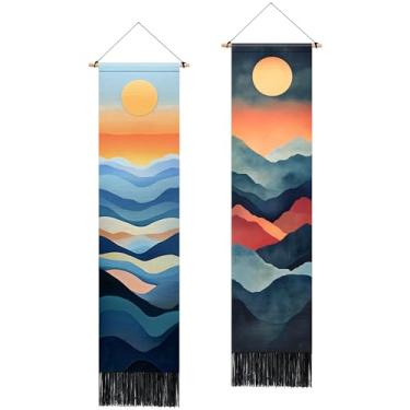 Imagem de BVBOX Pacote com 2 tapeçarias verticais lua e sol, tapeçaria longa estética de flor de paisagem para decoração de parede de sala de estar e quarto 33 cm L x 130 A (tipo 6, 33 cm Lx131 A, sem moldura)