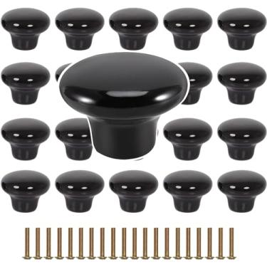 Imagem de KINJOEK 20 maçanetas pretas de cerâmica para armário, puxadores de porta de cerâmica vintage de 3 x 2,8 cm com parafusos de 0,98 polegadas, puxador decorativo de armário de cozinha para cômoda de