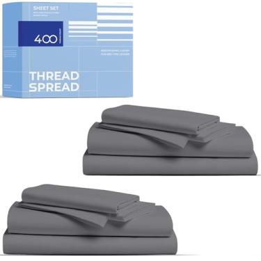 Imagem de THREAD SPREAD Pacote com 2 conjuntos de lençóis de tamanho casal - 400 fios 100% algodão cetim trançado - extra macio, respirável, lençóis de resfriamento de qualidade hoteleira, 2 conjuntos de