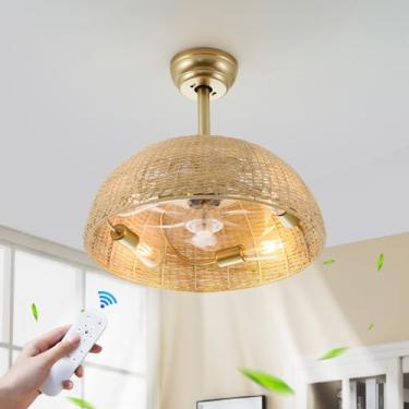 Imagem de GDLT Ventilador De Teto De Vime Com Gaiola De 19" Com Luzes E Controle Remoto, Ventilador De Teto De Vime Com Bambu Boho Dourado De 4 Luzes Com Lustre E Motor Reversível, Ventilador De Lustre De Vim