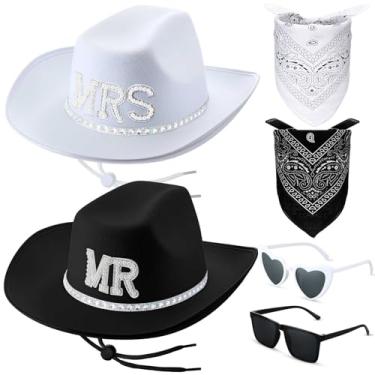 Imagem de Cutecrop Conjunto de 6 chapéus de cowboy para noivas e noivos, inclui chapéus de feltro preto e branco, óculos bandanas para despedida de solteira, para decoração de chá de panela, presentes de casal