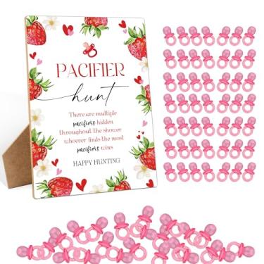 Imagem de Jogos de chá de bebê com tema de morango, placa de madeira de mesa de 14 x 19 cm com 50 mini chupetas de plástico, decorações de chá de bebê Berry Sweet, suprimentos de lembrancinhas de festa