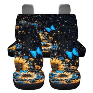 Imagem de LACIYISON Capas de assento de carro à prova d'água com estampa de girassol borboleta azul conjunto completo de capas de assento traseiro para banco traseiro automotivo universal para SUV, Sedan