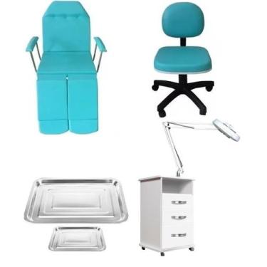Imagem de Kit Cadeira Podologia Mocho Armário Luminária com Exaustor Bandejas Re