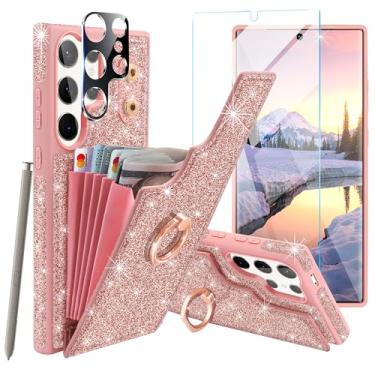 Imagem de Casewind Capa carteira para Samsung Galaxy S24 Ultra, com [protetor de tela + protetor de lente de câmera] suporte de cartão com glitter 5 e suporte de anel de rotação de 360° capa à prova de choque