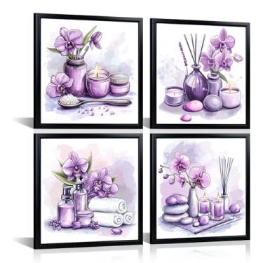 Imagem de LyerArtork 4 Peças Spa Pictures Zen Decoração de Banheiro Toalha de Vela Flor Pedra Impressões em Tela Pinturas Natureza Morta para Sala de Meditação Moldura Preta 30 x 30 cm x 10 cm