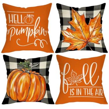Imagem de Fjfz Fall is in the Air Capas de almofada decorativas 46 x 45 conjunto de 4, outono Hello Pumpkin Maple Leaves Varanda Outdoor Home Decor, Farmhouse Buffalo xadrez sofá sofá capa de almofada