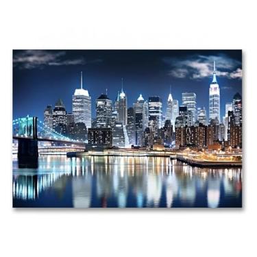 Imagem de Pintura panorâmica em tela, horizonte noturno de Manhattan de Nova York, impressão natural em tela, arte de parede em tela para decoração de parede de casa, imagem 50 x 75 cm, sem moldura