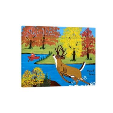 Imagem de Maud Lewis Canvas Wall Art Pictures-Famous Art Prints-Reprodução em tela - Pôster de arte de pintura animal para decoração de casa - Deer Crossing Stream 70 x 85 cm 28 x 33 polegadas Tela embrulhada