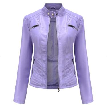 Imagem de Mulheres Preto Couro Falso Jaqueta De Motociclista Elegante Gola Zip Up Couro Pu Moto Casaco Casual Mangas Longas Clássico Slim Fit, purple, L(XS)