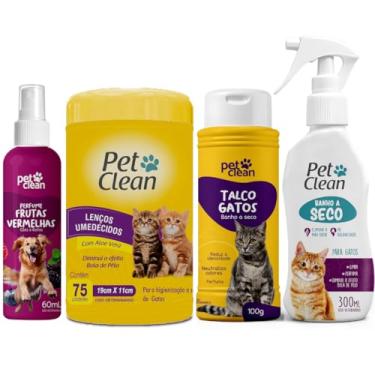 Imagem de Kit Higiene Completo para Gatos, Banho a Seco Gatos, Talco, Lenço Umedecido, Perfume Pet Clean (Frutas Vermelhas)