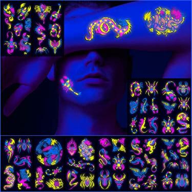 Imagem de Tatuagens temporárias neon que brilham no UV neon tatuagens adesivos 61 estilos de glitter dragão escorpião aranha tatuagens legais à prova d'água para homens mulheres decoração de festa