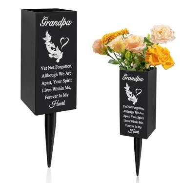 Imagem de Vaso memorial do avô - Vaso de flores de metal do cemitério do vovô com estaca no solo, decoração de túmulo resistente às intempéries para homenagem duradoura
