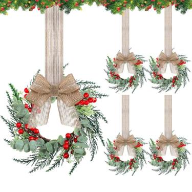 Imagem de Hotop Conjunto de 4 mini guirlandas para armário de cozinha, guirlanda de Natal pequena de 30,5 cm com fita de serapilheira vermelha e folhas de eucalipto para janela de Natal, porta da frente