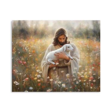 Imagem de B BLINGBLING Jesus Holding Lamb Wall Art Impressão em tela cristã para decoração de casa | Imagem religiosa inspiradora para sala de estar quarto igreja escritório | Pronto para pendurar | 30 x 38 cm