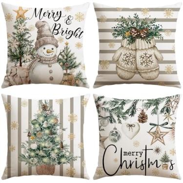 Imagem de OTOSTAR Conjunto de 4 capas de almofada Merry Christmas, 50 x 50 cm, luvas de boneco de neve alegre e brilhante, listradas, cinza, decorativas, capas de almofada de inverno para sofá e sofá