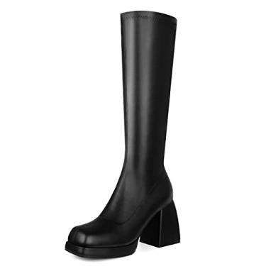 Imagem de STALOV Botas femininas plataforma Gogo cano alto bico quadrado salto grosso botas longas de couro elástico, Preto, 41
