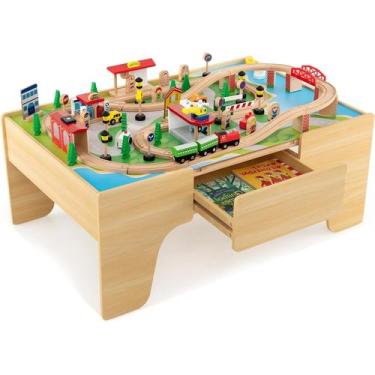 Imagem de Mesa de trem Costzon 3 em 1 de madeira com 84 peças Track Toys de 3 an