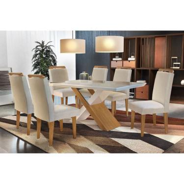 Imagem de Sala de Jantar Completa Imperatriz Tampo Madeirado c/ Vidro Canto Reto 180x90cm e 6 Cadeiras Athenas Capuccino/Suede Creme - Rufato