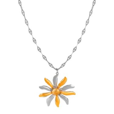 Imagem de XUN Zhe Colar feminino com pingente de margarida de aço inoxidável dourado, prata, pingente de flor de pétala de duas cores, girassol, clavícula, presente, Large, Liga de aço, Sem Pedra Preciosa