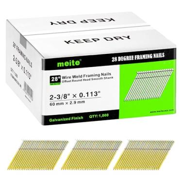 Imagem de meite Pregos de enquadramento de 28 graus, 6 cm, solda de arame, haste lisa de cabeça redonda deslocada para pistola de pregador de moldura de 28° (1.000 peças) Acabamento galvanizado