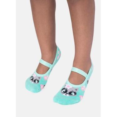 Imagem de Meia Sapatilha Puket Kids Antiderrapante Guaxinins Verde Água 23 a 27,
