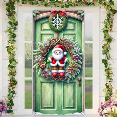 Imagem de BlissYard Capa de porta de Natal, guirlanda de Papai Noel, faixa de portas de Natal com faixa de 90 x 188 cm, decoração de casa festiva, cenário de fotos de entrada de Natal, exibição de boas-vindas