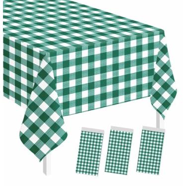 Imagem de SietDESEO Pacote com 3 toalhas de mesa xadrez verde retangular, 137 x 272 cm, toalha de mesa xadrez verde e branca, capa de plástico descartável para aniversário, chá de bebê, piquenique, festa de