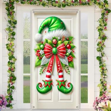 Imagem de BlissYard Capa de porta de Natal, chapéu de elfo, decoração de guirlanda, 89 x 188 cm, faixa festiva para decoração de parede interna e externa, tecido de poliéster, festa em casa para meninas ou