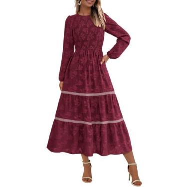Imagem de Vestido midi feminino PRETTYGARDEN de manga comprida vermelho vinho