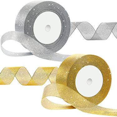 Imagem de 2 rolos no total 50 jardas 1,5 polegadas fita de Natal com fio brilhante fita grossa para embrulho de presente fita metálica com fio fita de árvore de Natal para artesanato faça você mesmo, decorações