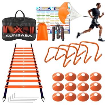 Imagem de SUNBABA Conjunto de equipamento de treinamento de velocidade de escada de agilidade com escada de agilidade de 6 metros, 4 obstáculos, 12 cones, corda de pular, paraquedas de corrida - Equipamento de