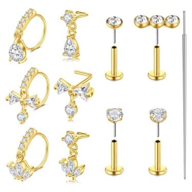 Imagem de VCMART Anel de nariz de ouro 20 g com pingente de argola em forma de L, brincos de nariz pendurados, aço inoxidável cirúrgico, sem rosca, push-in, costas planas, cartilagem, hélice, tragus, nariz