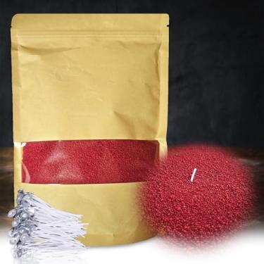 Imagem de DRMAISON Kit DIY de cera de vela perolada - 500 ml, vermelho cereja, não tóxico e livre de fumaça, recarregável com 30 pavios, chama de longa duração, altamente personalizável para decoração de