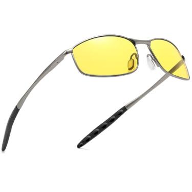 Imagem de SUNGAIT Óculos de sol masculinos estreitos polarizados, armação de metal, retângulo, retrô, durável, proteção UV400, Armação de metal/lente noturna amarela