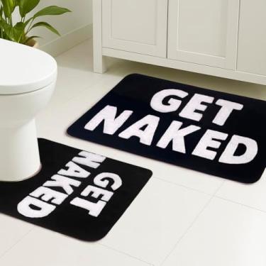 Imagem de BOVEU Get Naked Conjunto de 2 peças, tapete de banho de microfibra e tapete de banheiro em forma de U, lavável na máquina, tapete de banho antiderrapante para banheiro (preto, 61 cm x 40 cm + forma de