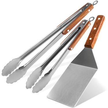 Imagem de Esie Houzie Conjunto De 3 Pinças E Espátulas, Cozinha Aço Inoxidável Para Serviços Pesados 12"/16" Espátula Metal 4 X 5,5 Com Cabo Madeira Grelha Churrasco, Chapa Plana, Acessórios Profissionais Gre