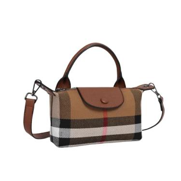 Imagem de Pequena bolsa feminina xadrez de luxo, alça superior, bolsa tiracolo de lona de couro legítimo, bolsa de ombro, Marrom