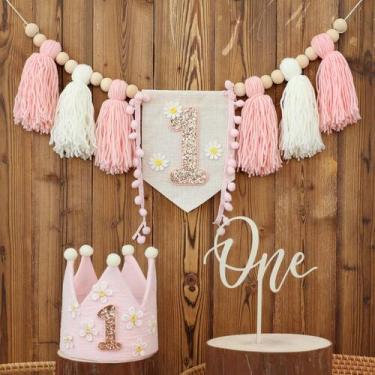 Imagem de Banner de cadeira alta, garota do primeiro aniversário, Boho Daisy, co