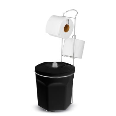 Imagem de Porta Papel Higiênico com Lixeira Preta 6L Suporte para 2 Rolos Cromado - kit com 2 unidades