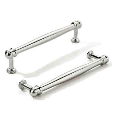 Imagem de khtumeware Pacote com 2 puxadores de armário de níquel polido central de 6 polegadas (152 mm), alça sólida para armário de cozinha resistente, ferragens de armário para penteadeira, puxador de