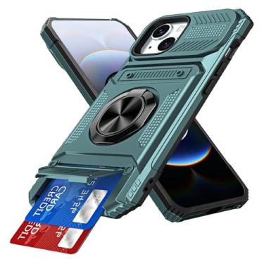 Imagem de COTDINFOR Capa carteira compatível com iPhone 13 com suporte para cartão (2 cartões) suporte de anel proteção de grau militar capa de telefone à prova de choque para iPhone 14 / iPhone 13 verde LM