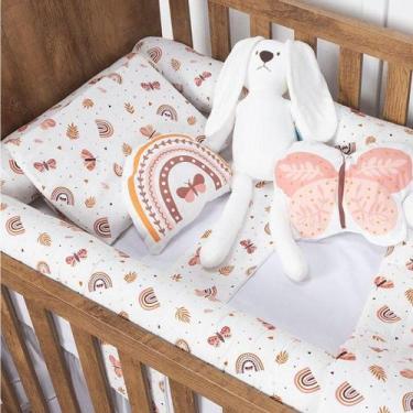 Imagem de Kit Para Berço Jogo De Lençol Com Rolinhos 100% Algodão 7 Peças Hippie