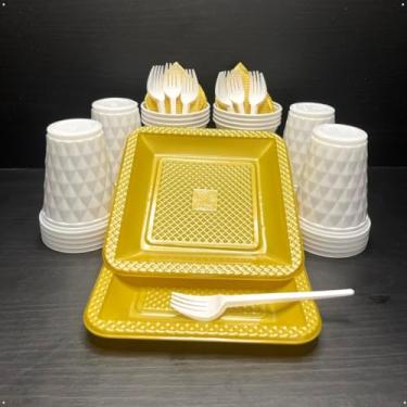 Imagem de Conjunto de luxo descartável para festas de aniversário com 260 peças Pratos quadrados de plástico colorido com efeito perolado Cores doces (Ano Novo)