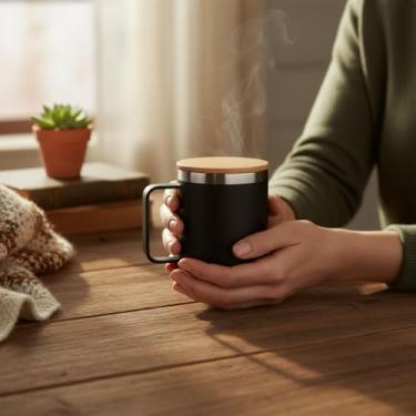 Imagem de Caneca Térmica 400ml Parede Dupla com Tampa de Bambu Preta