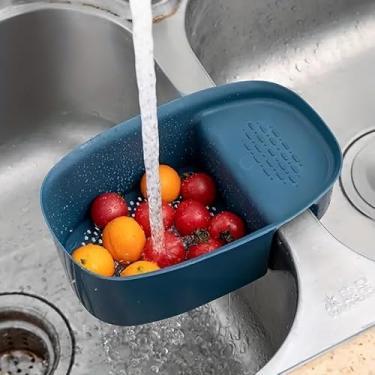 Imagem de 1 cesta de drenagem multifuncional para pia de cozinha, rack de drenagem de pia, cesta de filtro de resíduos de alimentos de plástico, acessórios de cozinha destacáveis - azul